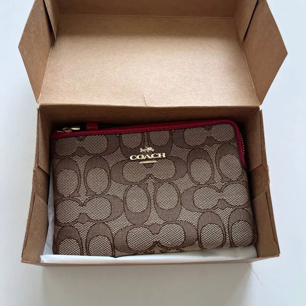 COACH Corner Zip Wristlet in Signature Canvas Khaki True Red